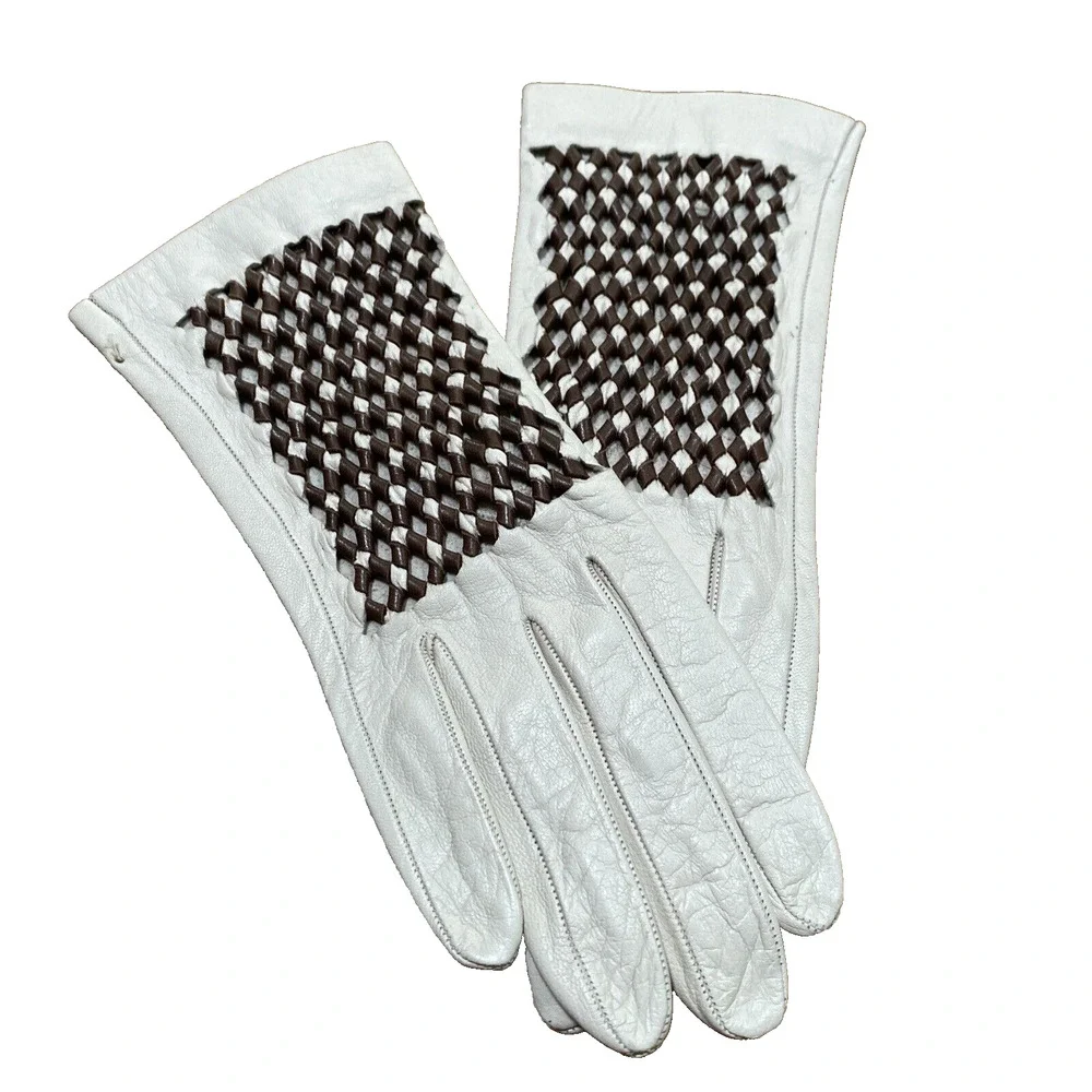 Vintage Ladies Size 7 Leather Gloves Cream & Brown Woven Leather Mid Century